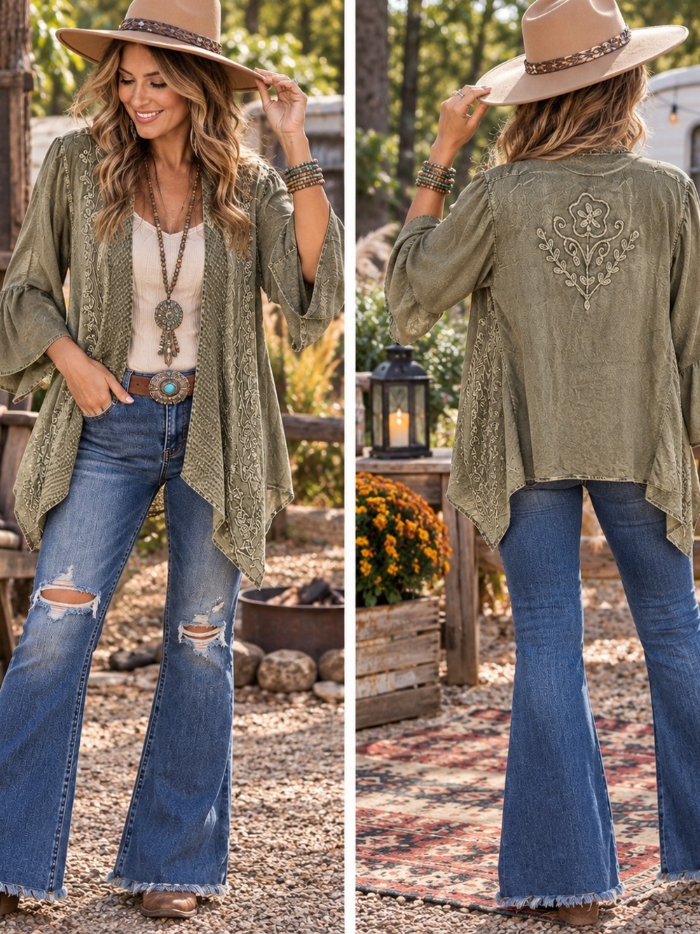 Young Threads Olive Embroidered Boho Open Front Cardigan Green XL NWT